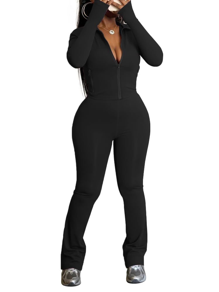 HBQ Women's 2 Piece Tracksuit Sets Long Sleeve Zip Up Crop Tops and Flare Pants Casual Workout Oufit Jogger Loungewear Set
