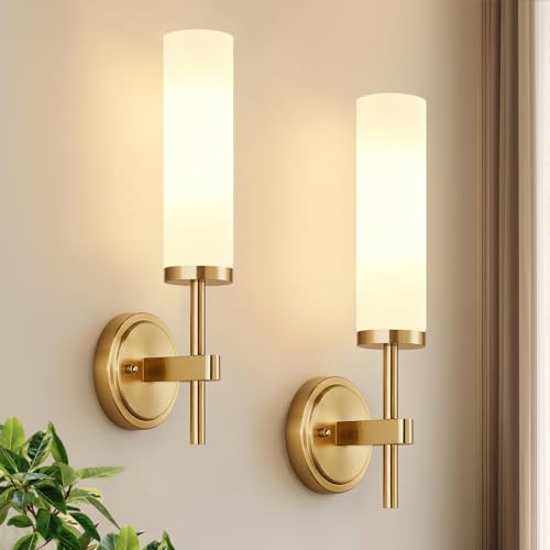 Image of [Hardwired] Wall Sconces Set of Two, Brushed Gold Bathroom Sconces with Milky White Glass, Modern Wall Light Fixtures for Bathroom Mirror Vanity, Living Room, Hallway, Stairway, Cabinet, Foyer