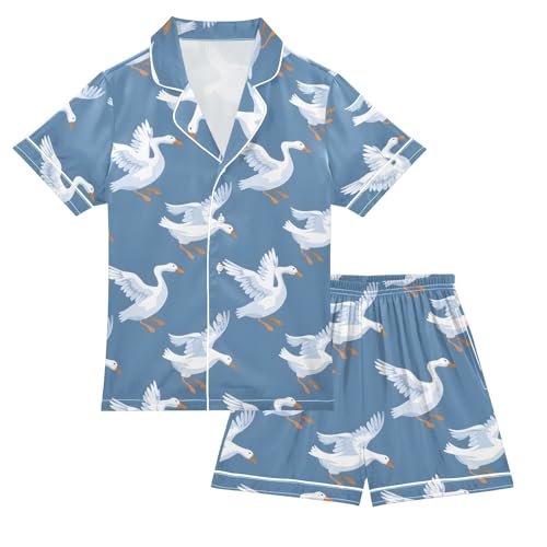 ALAZA Geese Cartoon Stylish Pajamas Satin Pajama Set Short Sleeve Button Down Sleepwear