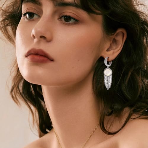 Feather Earrings for Women with 10mm Round Moss Agate/Moonstone/Mother of Pearl 925 Sterling Silver Dangle Earrings Lever Back Drop Earrings Jewelry Gifts for Her2