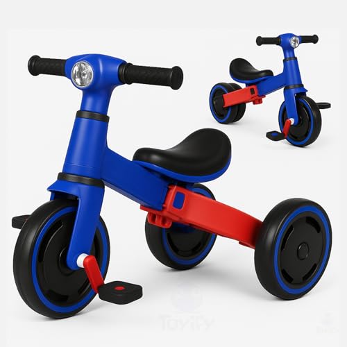 Image of 3-in-1 Toddler Tricycle & Balance Bike for Toddlers 1-3 Years, Easy-Assemble Baby Trike with Silent Wheels, Sturdy Safe Frame, Indoor & Outdoor Ride-On Bicycle for Boys & Girls (Blue Red)