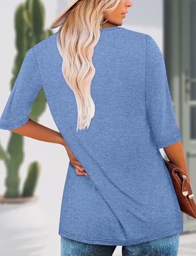 KISSMODA Tunic Tops for Women Loose Fit Dressy Round Neck Pleated 3/4 Length Sleeve Spring Tops