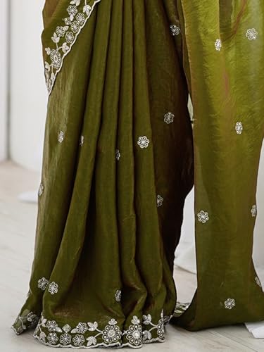 Image of Satrani Women's Tissue Silk Scalloped Border Sequins Embroidery Saree with Unstitched Blouse Piece