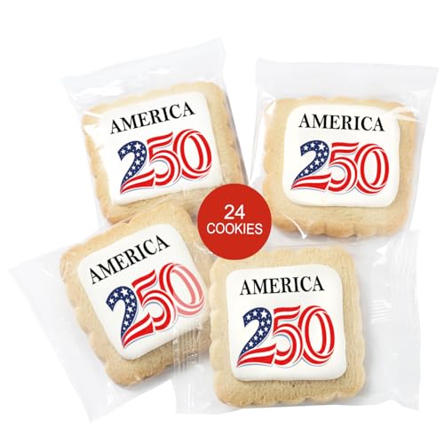 Image of America 250th Anniversary Cookies American Flag 250 Birthday Cookie INDIVIDUALLY WRAPPED July 4th Party Favors Patriotic USA Independence Day | 24 Pack | For Kids Men Women Bulk Red White Blue