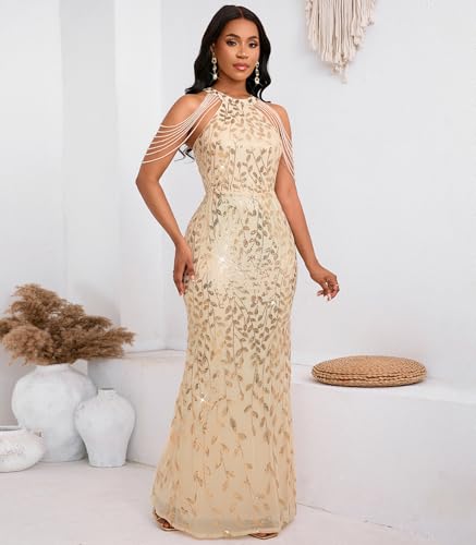 Image of Cololura Women Sexy Elegant Sequin Tassel Off Shoulder Halter Bodycon Maxi Dress Party Evening Gown Formal Dress