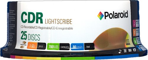 Polaroid PRCDRLS025S Lightscribe CD-R 700MB 80-Minute 52x Recordable Media Disc, 25-Pack Spindle