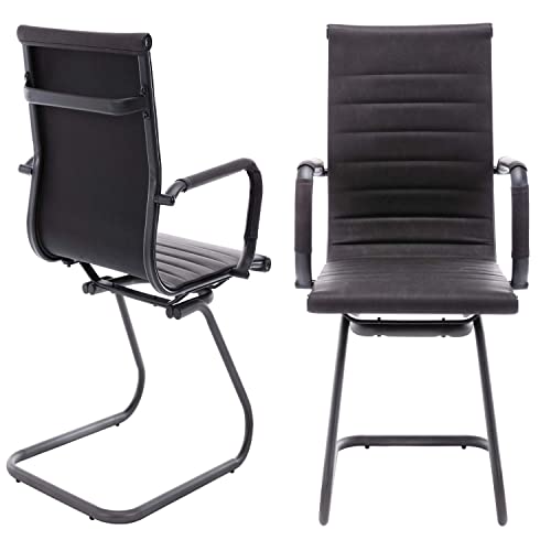 Image of Office Desk Chair No Wheels Set of 8 PU Leather Computer Chairs Mid Back Guest Chairs for School Reception Conference Waiting Room, Vintage Charcoal