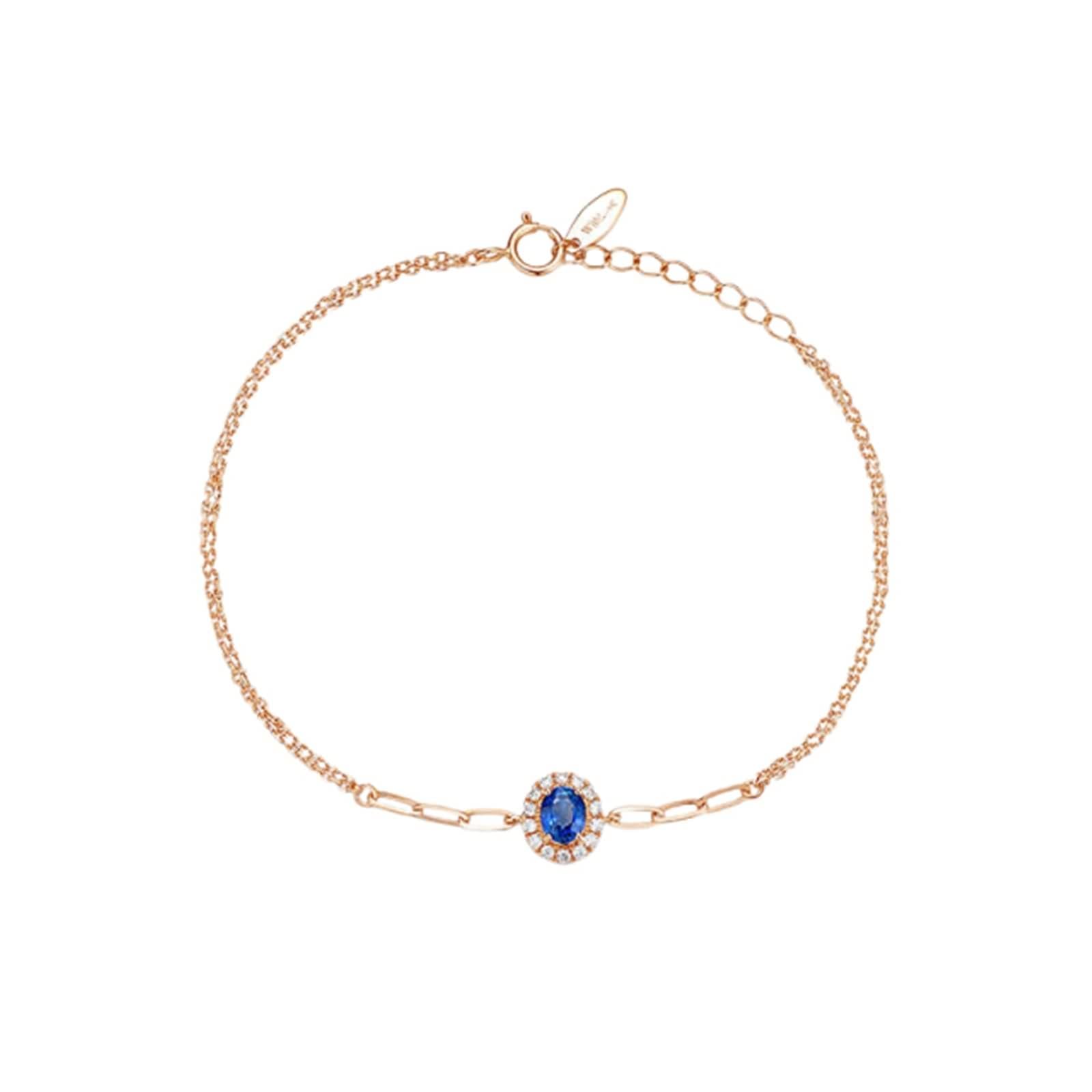 Pulseras de oro rosa para mujer, pulsera de promesa de zafiro azul de 0,4 quilates, cadena ovalada de doble capa con diamantes
