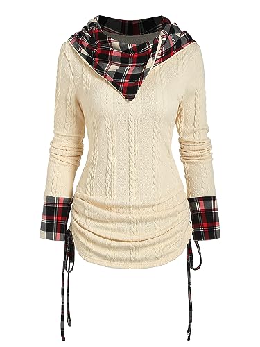 Image of ZEZCLO Women's Twisted Cable Knit Plaid Print Hooded Sweater Mock Button Ruched Shawl Neck Knit Top