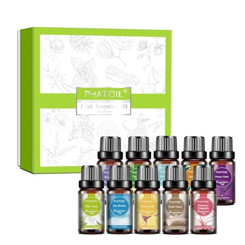 PHATOIL Fragrance Oil Set for Diffusers, Humidifier, DIY Candle, Soap, Essential Scent Oils Set with White Musk, Coconut&Vanilla, Fresh Linen, Sea Breeze, Baby Powder, Mandarin, Freesia, 10Pcs x 10ml