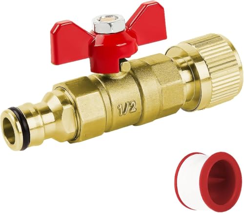 Conector de Latón con Llave de Paso y Válvula de Bola – Acoplamiento Rápido para Manguera de Jardín, Cierra el Agua al Enrollar el Carrete Compatible 16 mm, 1/2″, 3/4″ uno Macho y uno Hembra + 1 Cinta
