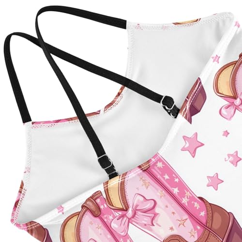 Pigsaly Girls One Piece Swimsuits Brown Cowgirl Boots Pink Bows Kids Cross Back Swimwear Toddler Beach Sport Bathing Suit 3T4