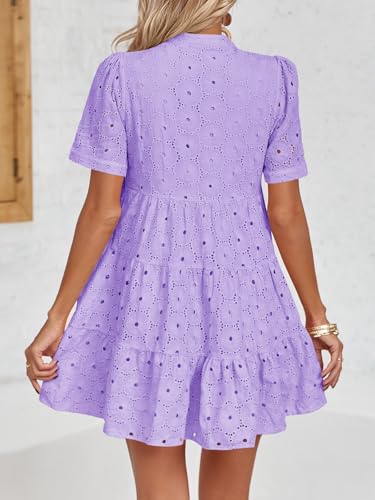 Image of Imily Bela Womens Summer Lace Dresses Eyelet Casual Flowy Babydoll Swing Short Sleeve V Neck Tunic Dress