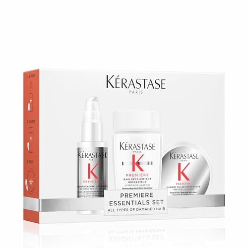 Kérastase, Première, rutina de cuidado con pre-champú, champú y mascarilla para cabello dañado, Concentré Décalcifiant Ultra-Réparateur, Bain Décalcifiant Rénovateur & Masque Filler Réparateur