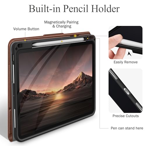 Image of auaua Case for iPad Pro 11 Inch (M5 /M4), Brown | PU Leather, Front Pocket, Built-in Pencil Holder, Typing Angle, Adjustable Stand, Magnetic Closure, Auto Sleep /Wake