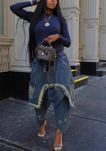 Tbahhir Women's Harem Jeans Elastic High Waist Baggy Patchwork Denim Pants Frayed Hem Barrel Trousers with Pockets2