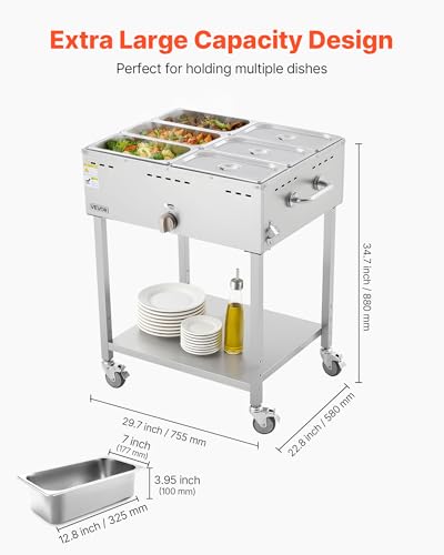 Image of VEVOR 6-Pan Commercial Propane Steam Table, LP Gas Outdoor Soup Warmer with Drain Valve and 3 inch Wheels, Stainless Steel Propane Food Warmer with Adjustable Temperature, for Restaurant Outdoor Camping