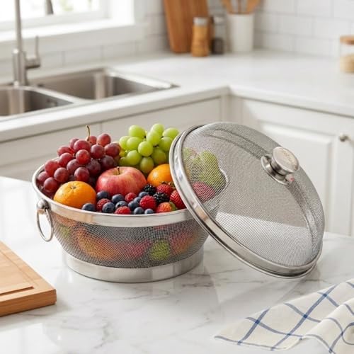 Image of Nestasia Stainless Steel Mesh Fruit Basket with Lid (10 Inches) - Protective Mesh Cover Colander & Storage Basket for Dining Table | Rust Resistant Fruit & Vegetable Strainer Bowl with Knob & Handles