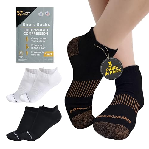 CopperJoint Low Cut Ankle Compression Socks 3 Pairs Breathable Moisture Wicking for Sports & Daily Use Black & Tan L-XL