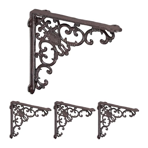 Relaxdays Escuadras para Estanterías, Set de 4, Hierro Fundido, Soportes Antiguos, Ángulos, 21,5 x 4 x 21,5 cm, Marrón