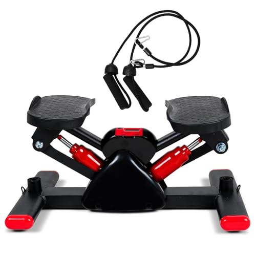 Image of Mini Stair Stepper for Exercise with Resistance Bands | Hydraulic Steppers for Home Workout | Cardio Fitness Equipment for Weight Loss, Legs, Arms & Core Training | with LCD Monitor (Red)