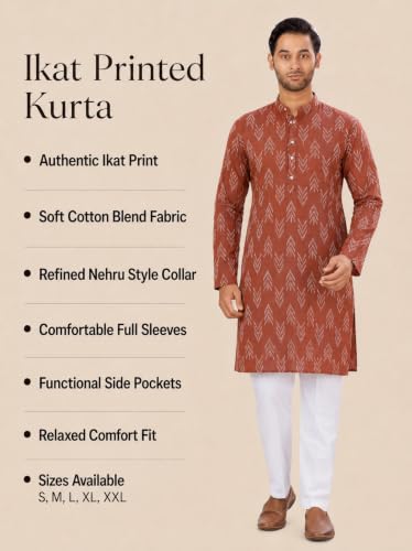 Image of Studio Shringaar Men's Cotton Blend Relaxed Fit Ikat Printed Knee Length Kurta