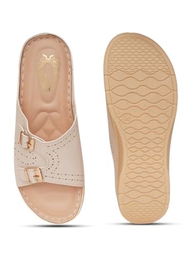Image of Shoetopia Women's Comfort Sandals with Double Strap Buckle || Orthopedic Soft Sole Slip-On Flats for Daily Footwear