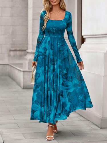 BTFBM Women Maxi Dress Fall 2025 Fashion Elegant Long Sleeve Square Neck Floral Print Party Club Wedding Guest Dresses