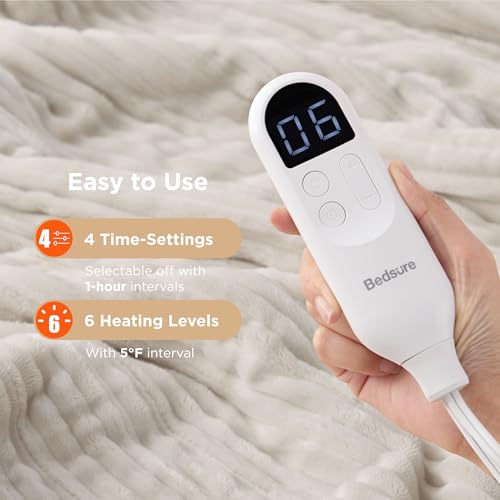 Image of Bedsure GentleSoft Heated Blanket Throw - Soft Ribbed Flannel Electric Blanket, Heating with 4 Time Settings, 6 Heat Settings, and 3 hrs Timer Auto Shut Off, Gifts for Grandma (50x60 inches, Cream)