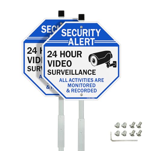 GicnKeuz Video Surveillance Sign with 28 Stake for Outside 10x10 Security Sign - Rust Free Heavy Reflective Aluminum Fade Resistant/Waterproof Including Screws Easy to Install Outdoor Use (2 PACK)