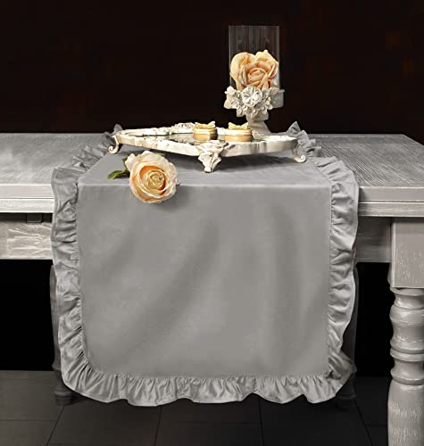 Camino de Mesa Terciopelo con Volantes, Mantel, Corredor de la Tabla Romántico Rústico Shabby Chic - Volantes - 50x150 - Gris Polvo Cover