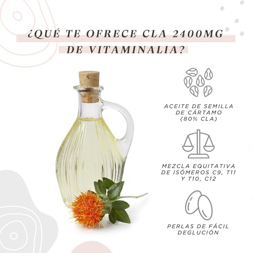 Miniatura 5 de Cla De Vitaminalia 365 Perlas 2400mg Real De Ácido Linoleico Conjugado Por Dosis Diaria De Aceite De Cártamo 80 Perlas De Alta Concentración Sin Ogm, Sin Gluten