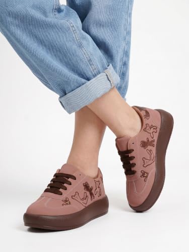 Image of TRYME Women's Stylish Platform Sneakers | Cute Teddy Bear Lace-Up Shoes Trendy Casual Footwear