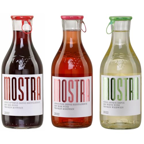 Wein Probierpaket trocken 3x 0,5l von Tsililis | Mostra Rot, Rosé & Weiß | Griechische Qualitätsweine |Trocken & fruchtbetont | Probierset mit Rotwein, Roséwein & Weißwein | + 20ml Jassas Olivenöl