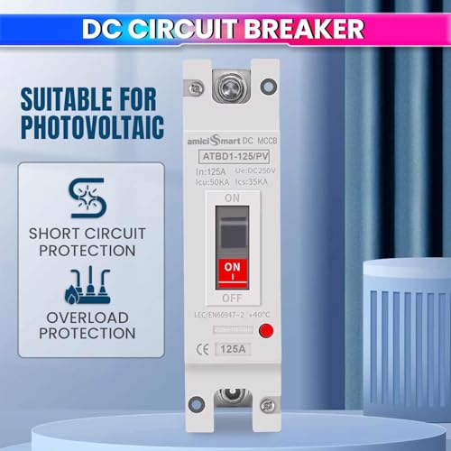 Image of amiciSmart Solar Molded Case DC Circuit Breaker MCCB 125A 1P | 250V /600V DC Overload & Short Circuit Protection Switch | High 50kA Icu Capacity for Photovoltaic PV & DC Power Systems