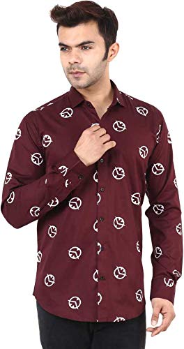 P & V CreationsMen's Slim Fit Printed Spread Collar Maroon Casual Shirt (Clock_Maroon-M)