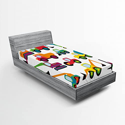 Ambesonne Construction 2 Pack Fitted Sheet, Equipment, Bed Cover All-Round Elastic Deep Pockets 2 Pieces, Package Contains 2 Twin Size Fitted Sheets, Teal Orange