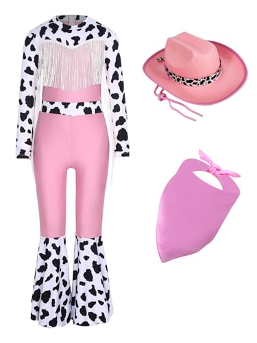 Yruioon Disfraz de vaquera para niña, diseño de vaca, mono + sombrero + bandana de los años 70 y 80, disfraz de discoteca, hippie, rosa, 146-152