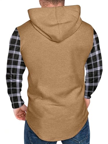 Mens Hoodies Casual Fleece Pullover Plaid Long Sleeve Hooded Sweatshirts Quarter Button Up Hoodie with Chest Pocket3