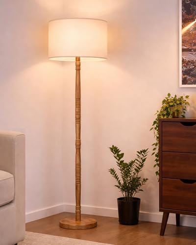 Image of Homesake Mid Century Modern Floor Lamp for Living Room | Hand Turned | Corner Lamp for Living Room, Stand Lamp with Fabric Lampshade for Bedroom, Study Room and Office, KD Off-White Drum
