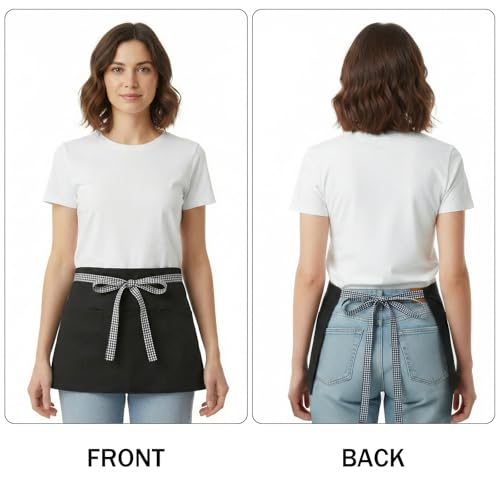 Image of BOHARERS 3-Pocket Waist Apron With Black And White Plaid Shoulder Straps - Black Waitress Waiter Server Short Aprons