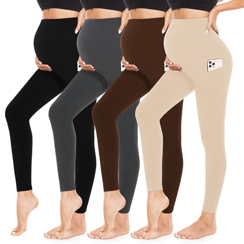 Image of 4 Pack Women’s Maternity Leggings with Pockets Over The Belly Butt Lift - Soft Workout Pregnancy Yoga Pants