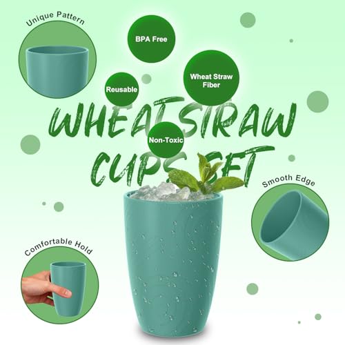 Image of Reusable Wheat Straw Cups Set of 6, 16 OZ Unbreakable Cups, Green