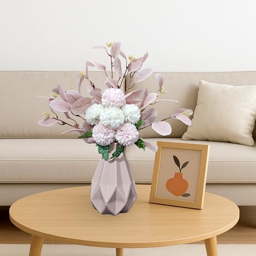 Image of Combo Set of Modern Geometric Vase and Premium Handmade Realistic Artificial Flower Bouquet for Living Room, Bedroom, Office & Gifting (Pink & White)