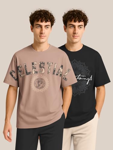 Image of BULLMER Trendy Half Sleeve Oversized Cotton Blend Crew Neck Tshirt for Men - Pack of 2