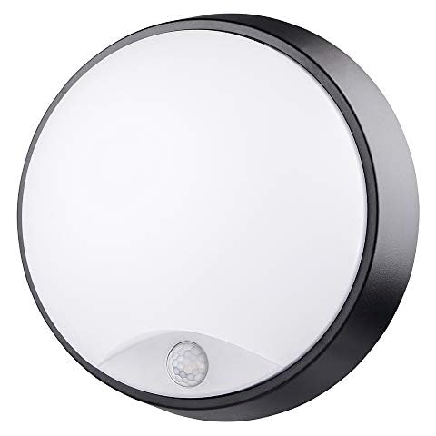 10W LED 4000K IP54 Flush Wall ceiling Mounted Round circular Bulkhead Light Fitting with Motion Sensor PIR for Indoor,Outdoor,Bath,Office,Hallway,Corridor,Utility,Garden,Shed,Workshop, black 4000k Cover