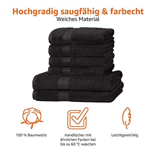 Amazon Basics – 6 Stück Handtuch-Set für Badezimmer, lichtbeständig, 100 % Baumwolle, weich und saugfähig, 2 Badetücher und 4 Händehandtuch, Schwarz – Bild 4