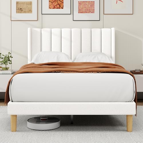 alazyhome Base de cama tapizada de tamaño matrimonial con cabecero de listones de madera, soporte sin ruido, fácil montaje, lino blanco