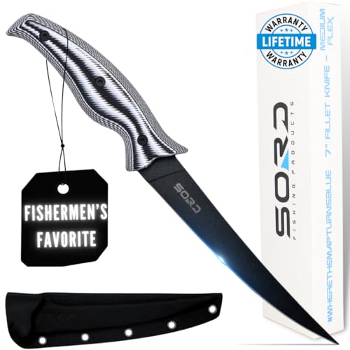 SORD 7' Medium Flex Fillet Knife and Bait Knife, Razor Sharp Carbon Steel Blade, Professional Level Knives for Filleting and Boning, Non-Slip Handles, Includes Kydex Sheath