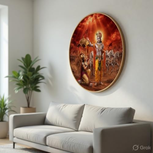 Image of SAF Bhagavad Gita Krishna Arjuna Wall Art with PVC Round Frame | Sparkle Laminated Mahabharat Kurukshetra Divine Painting | Spiritual Wall Decor for Home Temple Living Room Office Gift
